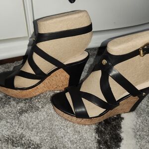 Guess Black and Tan Strappy Wedge Sandals